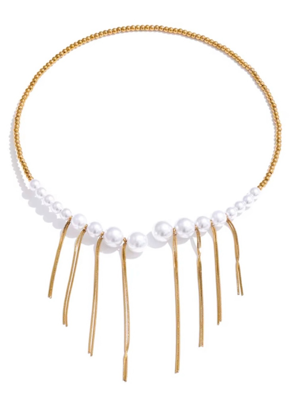 Gold and White Pearl Stainless Steel Waterproof Fringe Choker Necklace